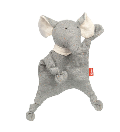 Das Mini Jersey Schnuffeltuch Elefant von sigikid ist ein graues Schnuffeltuch mit geknoteten Ecken, weißen Innenohren, einem kleinen roten Anhänger und ist aus weicher Bio-Baumwolle gefertigt.