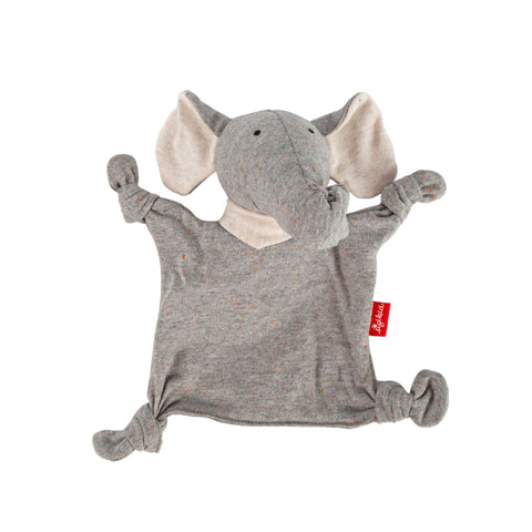 Das Mini Jersey Schnuffeltuch Elefant ist ein weiches, graues Schnuffeltuch von sigikid mit geknoteten Gliedmaßen, großen Ohren und einem roten Stoffanhänger aus Bio-Baumwolle auf weißem Hintergrund.