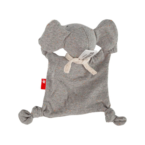 Das Mini Jersey Schnuffeltuch Elefant von sigikid ist ein weiches Kuscheltuch aus Bio-Baumwolle, mit geknoteten Ecken und einem roten Seitenanhänger.