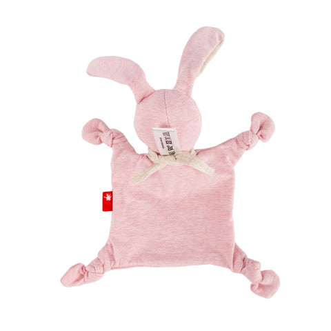 Das Mini Jersey Schnuffeltuch Hase ist ein weiches rosa Häschen aus Bio-Baumwolle mit geknoteten Ecken, langen Ohren und einem weißen Halsband - ideal zum Kuscheln und zur Förderung der sensorischen Entwicklung.