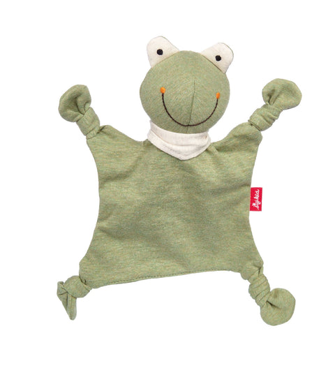 Das Mini Jersey Schnuffeltuch Frosch ist ein weiches, grünes Plüschtier mit einem lächelnden Gesicht, verknoteten Ecken und einem roten Anhänger - hergestellt aus Mini Bio-Baumwolljersey zur Unterstützung der sensorischen Entwicklung.