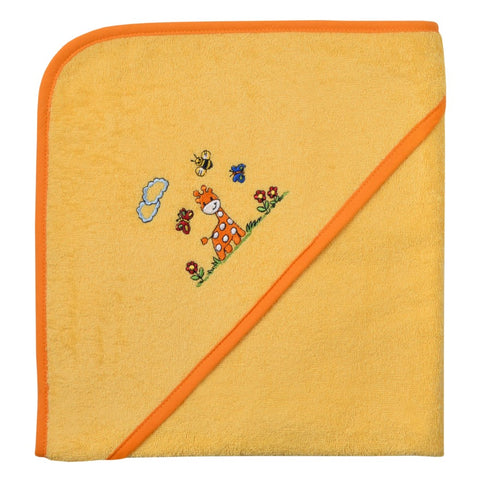 Das Giraffe gelb Kapuzen-Bt. Größe 100/100 besteht aus Bio-Baumwolle, ist gelb mit orangefarbener Umrandung und zeigt gestickte Motive wie Giraffe, Blumen, Schmetterlinge und eine Wolke.