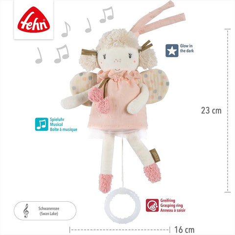 Die Mini Spieluhr Fee ist eine plüschige Feenpuppe mit im Dunkeln leuchtenden Flügeln und einem musikalischen Zugring, der Schwanensee spielt. Die Puppe ist 23 cm groß und 16 cm breit und für Babys geeignet.