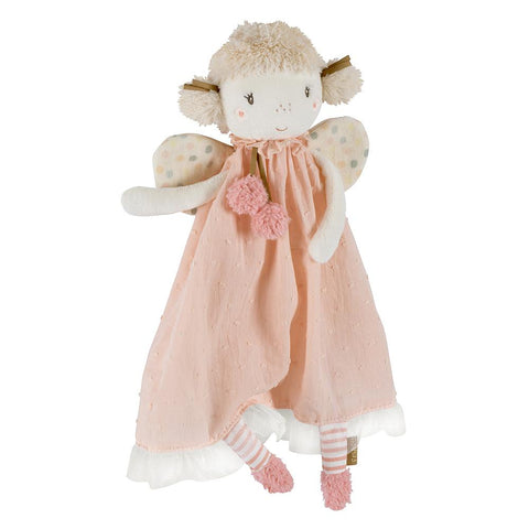 Die Schmusetuch Fee ist eine Plüschpuppe mit einem hellrosa Kleid, weißen gepunkteten Flügeln, rosa gestreiften Beinen, Bommeln, weichem Haar und einem lächelnden Gesicht - perfekt als bezaubernder Kuschelbegleiter vor dem Schlafengehen.