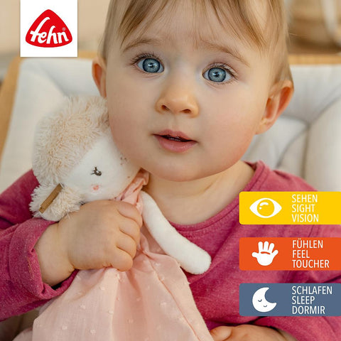 Ein Baby hält ein Schmusetuch und blickt in die Kamera; Symbole und Text heben die Sinne hervor: Sehen, Tasten, Schlafen (Einschlafhilfe) in Deutsch, Englisch und Französisch. Das Fehn-Logo erscheint in der oberen linken Ecke.