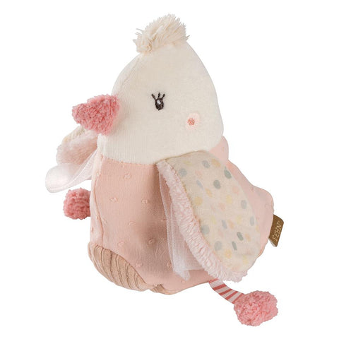 Der Wärmetier Vogel ist ein Plüschvogel mit weichem rosa und cremefarbenem Stoff, gepunkteten Flügeln, Bommel-Details und einem gestickten Gesicht - perfekt für Trost und Geborgenheit.