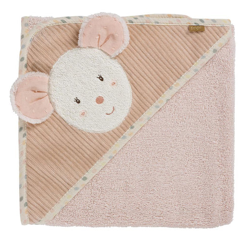 Das Kapuzenbadetuch Maus ist ein rosafarbenes Baby-Kapuzenhandtuch mit einer niedlichen Maus-Applikation an der Ecke, weichem, strukturiertem Stoff und verspieltem Tupfenbesatz.