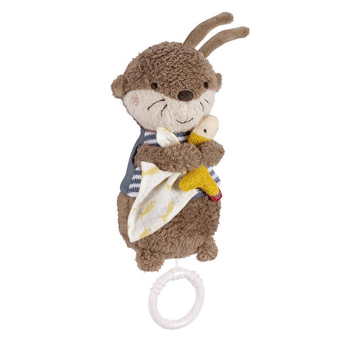 Mini-Spieluhr Otter: Diese weiche Plüschfigur hält eine gelbe Ente und eine kleine Decke, am Boden befindet sich ein weißer Plastikring. Ideal zum Kuscheln, Beruhigen und Einschlafen!.