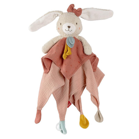 Das Schmusetuch Hase fehnNATUR ist ein Plüschhase aus Bio-Baumwolle mit einer rosa Schleife, einem weichen, strukturierten Kopf und vier geknoteten Ecken in rosa, gelb und blauem Stoff.