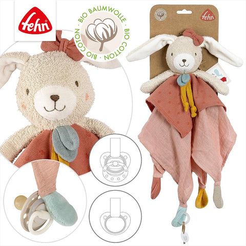 Schmusetuch Hase fehnNATUR: Babydecke aus Bio-Baumwolle, mit Schnullerhalterung und weichem rosa-cremefarbenen Stoff.