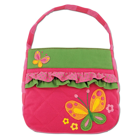 Die Gesteppte Geldbörse - Schmetterling ist eine rosa und grün gesteppte Handtasche mit Rüschen und applizierten Schmetterlingen und Blumen in Gelb, Rosa und Grün.