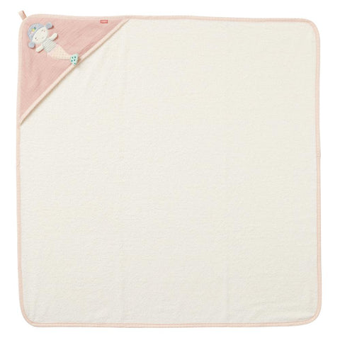 Das Kapuzenbadetuch Meerjungfrau ist ein quadratisches, cremefarbenes Babyhandtuch mit rosa Eckkapuze und gesticktem Meerjungfrauenmotiv aus saugfähigem Frottee für sanftes, effektives Trocknen.