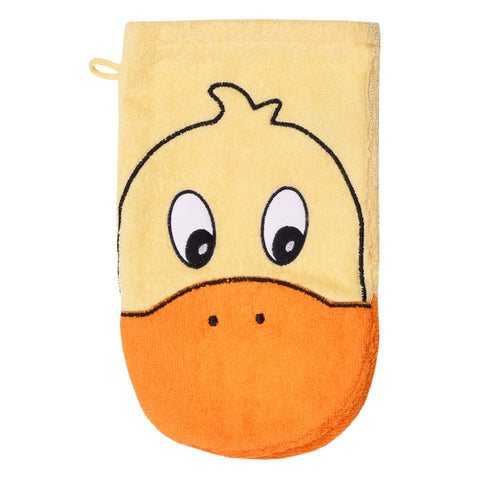 Der Ente mais Spiel-Waschhandschuh ist ein gelb-oranger Cartoon-Enten-Waschhandschuh mit schwarz-gepunkteten Augen und orangefarbenem Schnabel aus weicher Frottierware für eine schonende Reinigung.