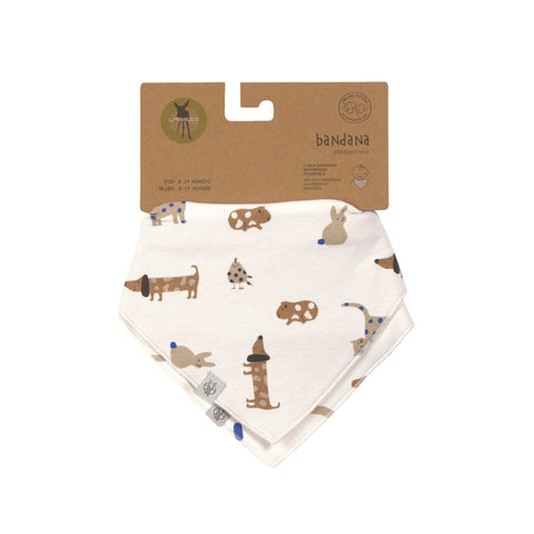 Das Dreieckstuch Baby (2 Stk) - Bandana, Little Mateys Royal Blau ist ein Set aus königsblauen Baby-Bandanas aus Bio-Baumwolle, verziert mit verspielten Tiermotiven und mit einem braunen Kartonanhänger mit Produktdetails.