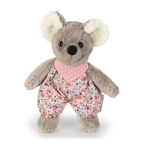 Mini-Spieltier mit Rassel - Mabel Maus: Plüschmaus mit cremefarbenen Ohren, schwarzer Nase, rosa gepunktetem Schal und geblümter Hose. Steht aufrecht vor einem weißen Hintergrund - perfekt für jedes Neugeborene.