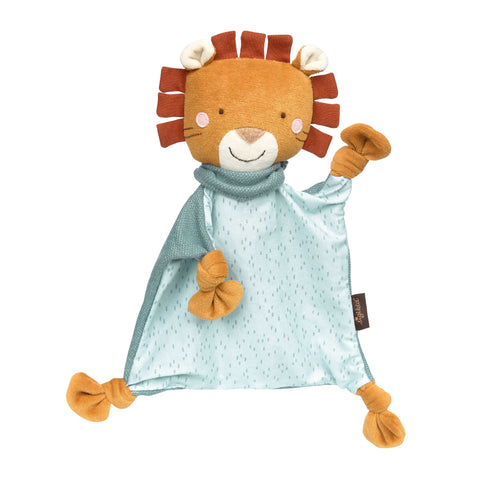Das Baby Schnuffeltuch Löwe hat einen lächelnden Löwenkopf, eine braune Mähne und einen hellblau gemusterten Körper mit geknoteten Ecken und weichem Stoff - perfekt zum Kuscheln.