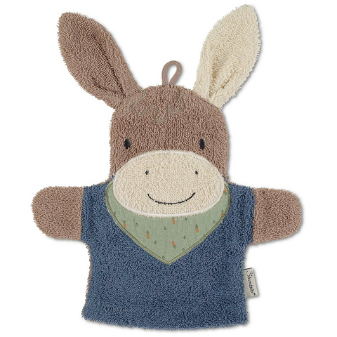 Der Spiel-Waschhandschuh Esel Emmilius ist ein eselförmiger Waschhandschuh aus weichem 100% Baumwolle Frottee, mit einem blauen Körper, beigen Ohren, einem grünen Schal und einem gestickten lächelnden Gesicht.