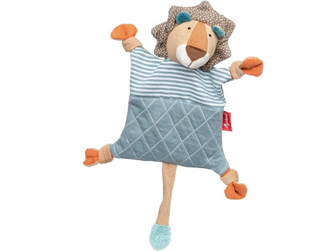 Das kuschelweiche Schnuffeltuch - Lulo Lumpo hat die Form eines Löwen und ist mit einem blauen Plüschkörper, orangefarbenen Füßen und einer braun gepunkteten Mähne ausgestattet - der perfekte Komfort für Neugeborene und Kleinkinder.