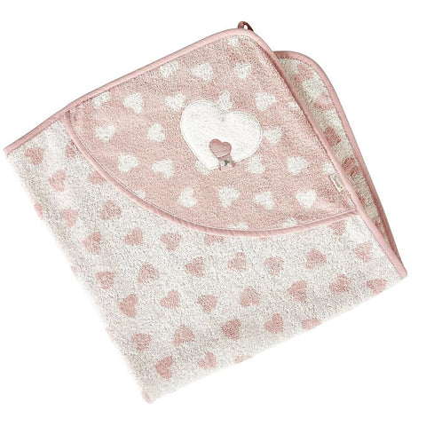 Das Kapuzenbadetuch Emmi Girl 80x80cm ist ein rosa-weißes Kapuzenhandtuch für Kinder aus 100% Baumwolle mit kleinen Herzchenmustern und einem großen gestickten Herz auf der Kapuze.
