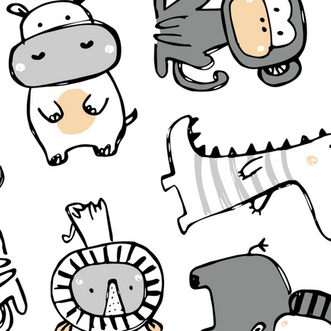 Das Neckerchew Zahnen Dribble Lätzchen - Panda Pals zeigt ein verspieltes, sich wiederholendes Muster aus Cartoon-Tieren - Hippo, Affe, Löwe, Krokodil und Bär - mit schwarzen Konturen und dezenten Farbakzenten.