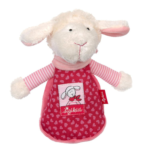 Das Wärmekissen klein Schnuggi ist ein Plüschlamm mit Schlappohren, gekleidet in einem rosa-roten Outfit mit Herzen und einem Cartoon-Lammaufnäher - perfekt als kuscheliges Wärmekissen für Babys.