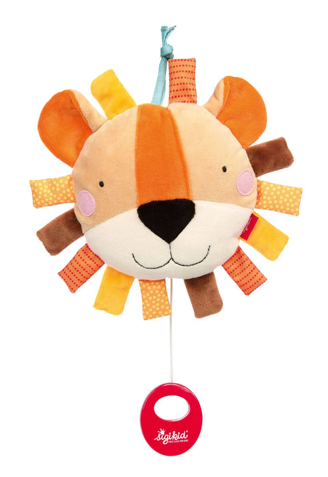 Die Kissenspieluhr Löwe ist ein Plüsch-Musik-Löwe für Babys mit orange-gelber Bändchenmähne und einer Zugschnur an der Unterseite - perfekt zum Kuscheln und Beruhigen mit sanften Melodien.