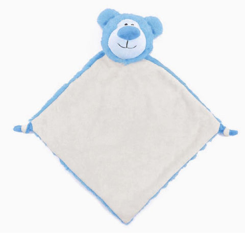 Das Cubbie - Schmusetuch Cubbyford Bär blau ist eine quadratische, handgemachte Baby-Sicherheitsdecke mit blauem Bärenkopf und blauer Umrandung - das perfekte erste Kuscheltier für dein Kind.