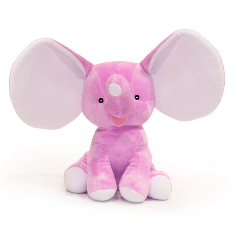 Ein lavendelfarbener Dumble Elefant mit großen weißen Ohren sitzt aufrecht und blickt nach vorne. Optional personalisierbar - ideal als einzigartiges Geschenk.