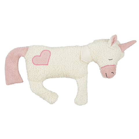 Das Efie Kirschkern-Wärmekissen Einhorn mit Herz ist ein plüschiges Einhorn aus Bio-Baumwolle mit rosa Horn, Schwanz und Herz-Detail - ideal als kuschelige Einschlafhilfe für erholsame Nächte.