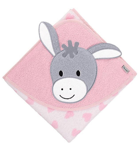 Das Sterntaler Motiv-Badetuch Emmi Girl (80x80cm) aus 100% Baumwolle ist rosa, hat eine Kapuze mit lächelndem Esel-Motiv und ein Muster aus rosa Herzen - ideal für Kinder.