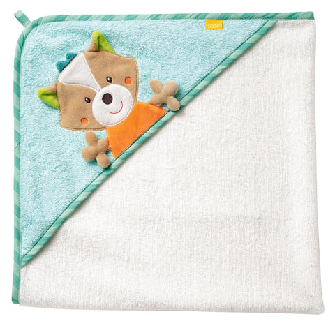 Das Kapuzenbadetuch Fuchs ist ein weißes Baby-Kapuzenhandtuch mit türkisem Rand, das ein plüschiges Fuchsgesicht und Pfoten auf der Kapuze zeigt. Hergestellt aus saugstarkem Frottee, bietet es sanftes Trocknen für Ihr Baby.
