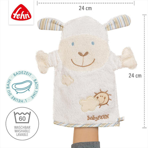 Der Waschhandschuh Schaf von Fehn (24x24 cm) ist ideal als Geschenk zur Geburt. Aus weichem Handtuchfrottee, handpuppenförmig, bei 60°C waschbar und begeistert mit niedlichem Schaf-Design und beigen Akzenten.