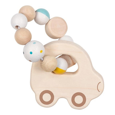 Das Greifling Elastik Auto ist ein Spielzeugauto aus Holz mit einem Griff, der an einem Ring aus bunten Perlen befestigt ist, ideal für Babys zum Greifen und Spielen in Natur-, Blau-, Gelb- und Weißtönen.