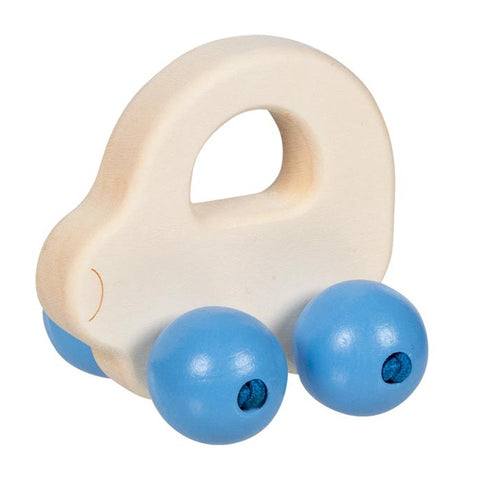 Das Greifling Auto mit Perlchen ist ein Holzauto mit ausgeschnittenem Griff und vier blauen Rädern aus hochwertigem Material - ideal für sicheres Spielen und zur Unterstützung der frühen Sprachentwicklung von Kleinkindern.