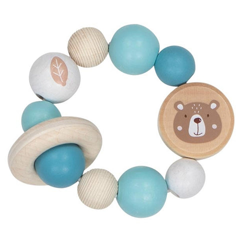 Der Greiling Elastik Bär, blau ist ein kreisrunder Baby-Beißring mit Holz- und blauen Perlen, einem Bärengesicht und einer Perle mit einem Blatt - ideal zur Förderung der motorischen Fähigkeiten.