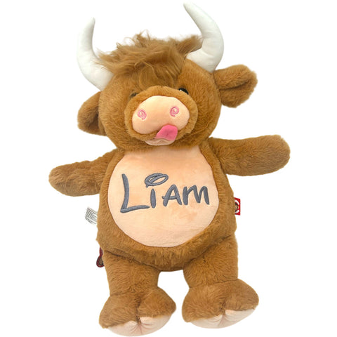 Personalisierter Plüschbulle mit rosa Bauch und dem aufgestickten Namen ‚Liam‘.