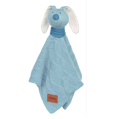 Das Strick-Schnuffeltuch Hase in pastellblau aus der sigikid Knitted Love Baby Kollektion ist eine kuschelige Strickdecke mit weichem Hasenkopf, perfekt als gestricktes Babyspielzeug für Ihren Kleinen.
