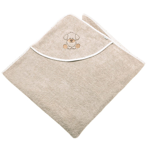 Das Kapuzenbadetuch LUCKY 100x100 cm (NEU) aus 100% Baumwolle zeigt einen gestickten Cartoon-Hund auf der Kapuze - ein bezauberndes Baby-Accessoire, präsentiert in Beige auf weißem Hintergrund.