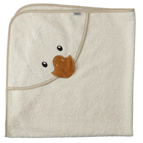 Das Sterntaler KBT - Edda Ente 100cmx100cm ist ein cremefarbenes Baby-Kapuzenhandtuch aus 100% Baumwolle, das ein Entengesicht mit aufgestickten Augen und einem orangefarbenen Schnabel auf der Kapuze zeigt.