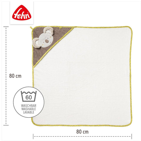 Das Kapuzenbadetuch Koala aus weichem Frottee (80 x 80 cm) besitzt eine süße Koala-Applikation in der Ecke, das Fehn Markenlogo oben links und ist bei 60°C maschinenwaschbar.