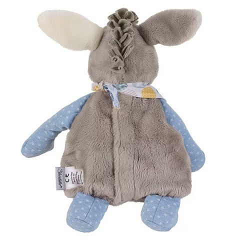 Das Kirschkernkissen Emmi Esel ist ein Plüschesel mit grauem Fell, blau gemusterten Gliedmaßen und einem geblümten Schal, von hinten gesehen - ideal als kuscheliges Kuschelkissen oder wärmendes Kissen für Gemütlichkeit.