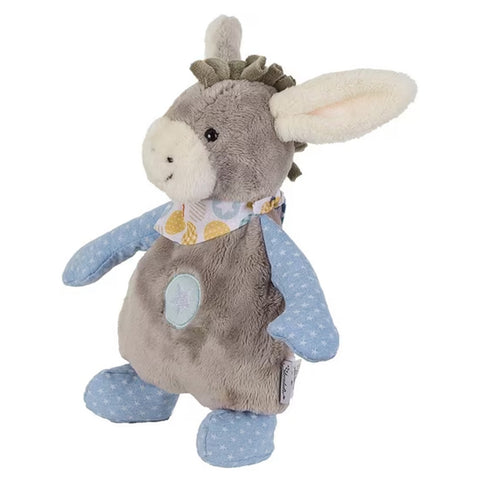 Das Kirschkernkissen Emmi Esel ist ein Plüschesel mit grauem und blauem Fell, einem niedlichen Halstuch und Schlappohren - perfekt als kuscheliges Kuschelkissen zum Schmusen.