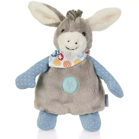 Das Kirschkernkissen Emmi Esel ist ein Plüschesel mit blauen Armen und Beinen, einem gemusterten Halstuch, großen Ohren und einem hellblauen Bauchfleck - ideal als kuscheliges Kuschelkissen zum Schmusen.