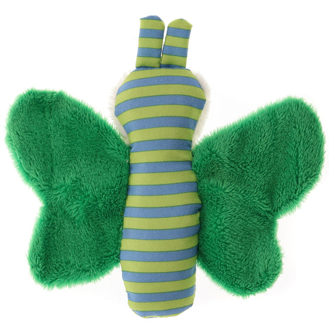 Der Knister-Schmetterling, grün aus der Red Stars Collection ist ein Plüsch-Schmetterling mit blauen und grünen Streifen und weichen, flauschigen Flügeln, ideal für die sensorische Wahrnehmung.
