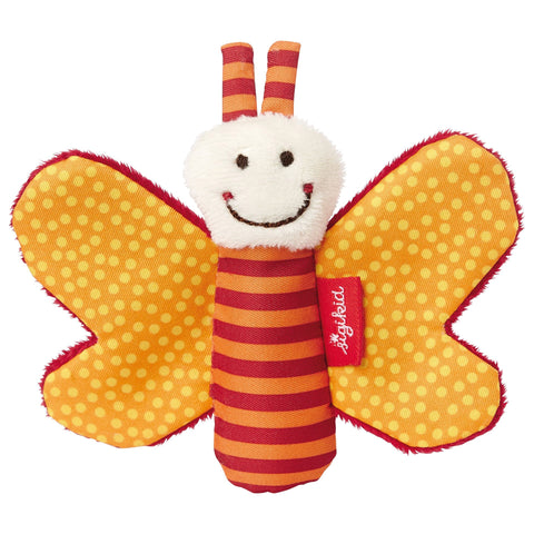 Der Knisterschmetterling orange von Redstars ist ein entzückendes Plüschschmetterlingsspielzeug mit einem rot-gelb gestreiften Körper, gepunkteten Flügeln, einem lächelnden Gesicht und einem sanften Rassel-Greifling für interaktives Spielen.