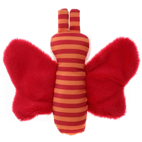 Der Knisterschmetterling orange, Redstars ist ein Plüschtier mit einem rot-orange gestreiften Körper und einfarbig roten, wuscheligen Flügeln.