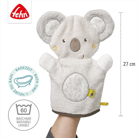 Ein 27 cm langer Waschhandschuh Koala aus weichem Frottee mit gestickten Details, maschinenwaschbar bei 60°C - perfekt für den Badespaß von Babys.