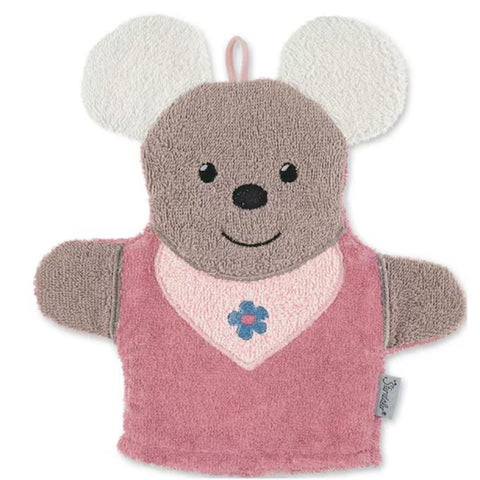 Der Waschhandschuh Maus Mabel ist ein puppenförmiges Waschtuch für Babys und Kleinkinder, gestaltet wie eine lächelnde Maus mit weißen Ohren, rosa Shirt und blauem Blumendetail.