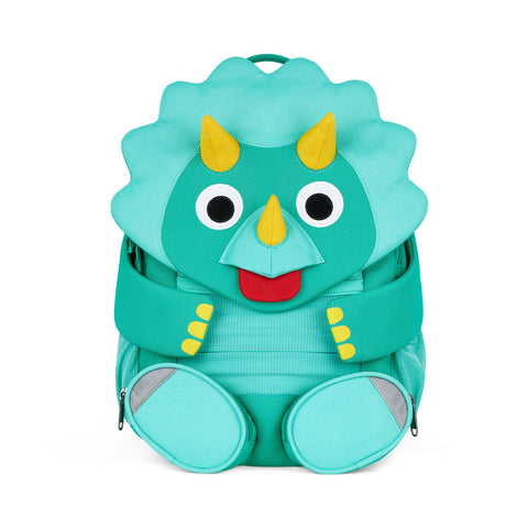 Der Affenzahn - Großer Freund Dino ist ein türkisfarbener Kindergartenrucksack in Form eines Cartoon-Dinosauriers mit gelben Hörnern, großen Augen und schlaffen Armen - perfekt für kleine Entdecker.