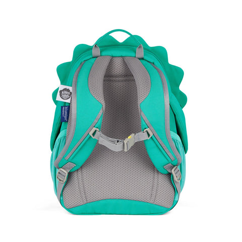 Der Affenzahn Großer Freund Dino ist ein grün-grauer Kindergartenrucksack mit gepolsterten Trägern, einem Brustclip und verspielten Dinosaurier-Stacheln für Spaß und Komfort.